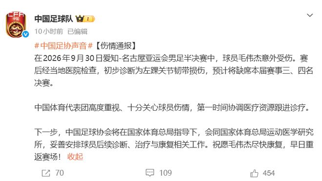 足协深夜发布：毛伟杰初步诊断为左踝关节韧带损伤，无缘亚运会季军战